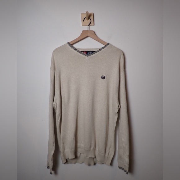 Chaps Men Sweater Beige Navy Stripe Accent Logo Embroidered V Neck Sweater Sz L - Picture 1 of 9